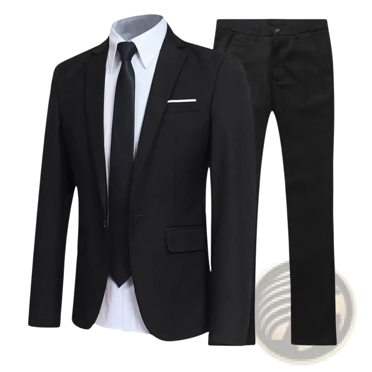 Men slim fit business suit set featuring a black tailored suit jacket with notched lapels and white pocket square paired with trousers