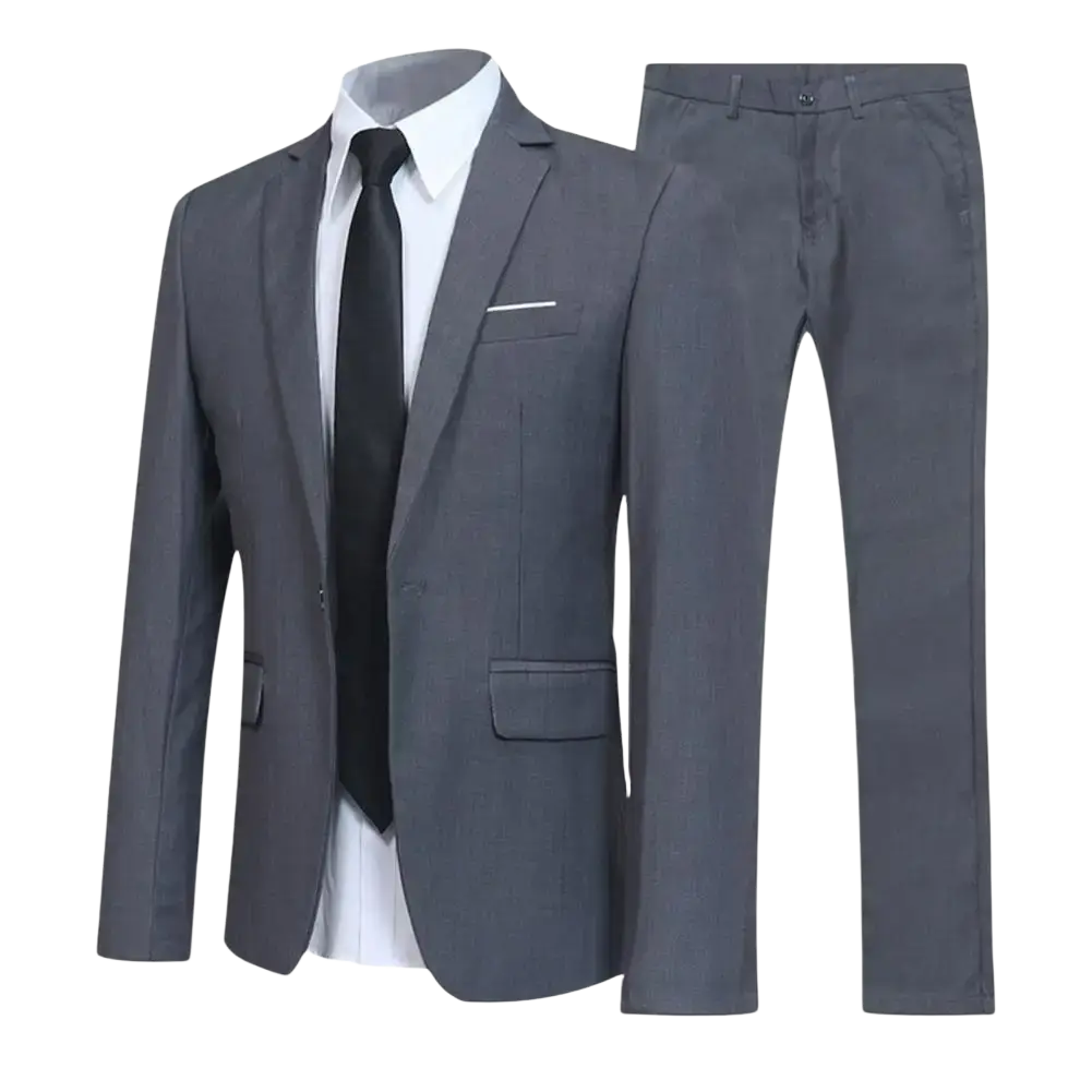 Men slim fit business suit set in gray with tailored blazer and matching textured trousers for formal occasions