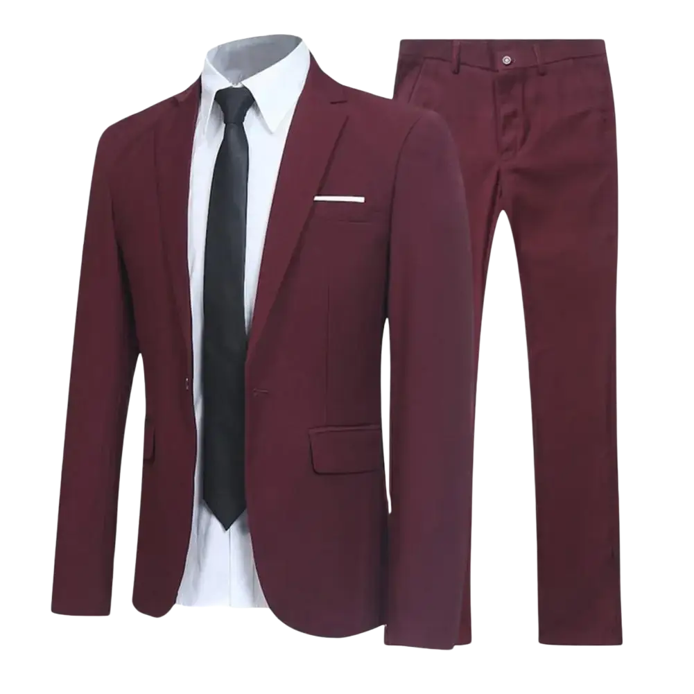 Men slim fit business suit set featuring a maroon blazer and matching trousers with a sleek tailored fit and subtle texture