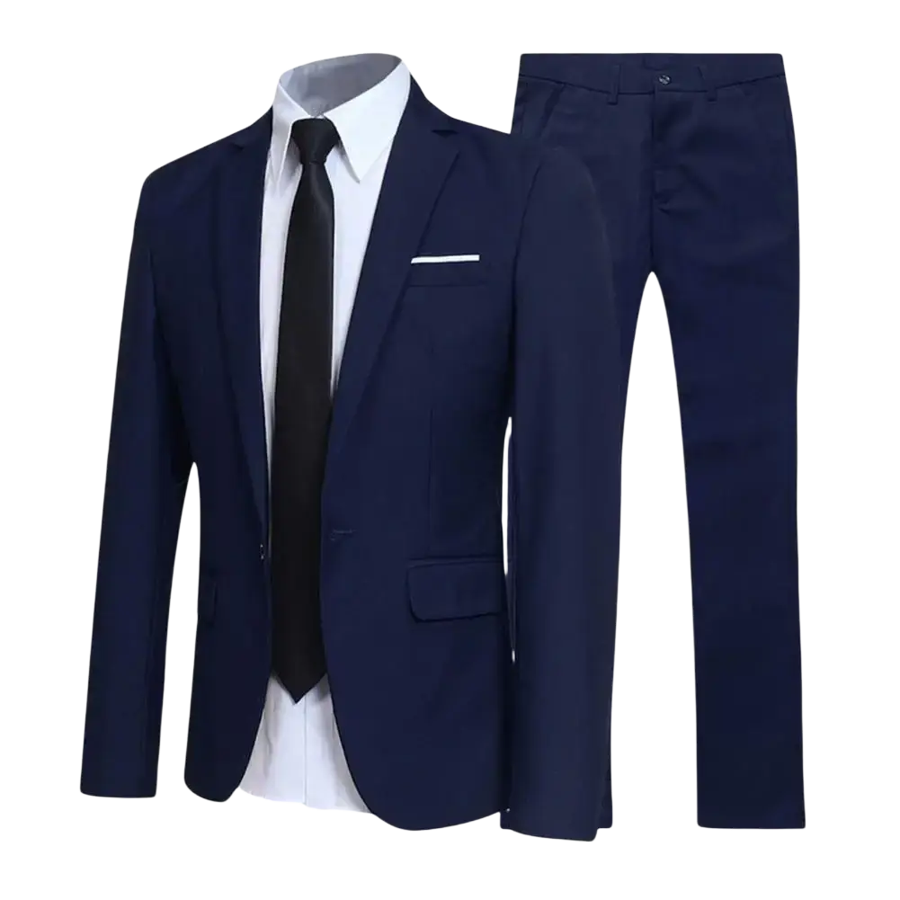 Men slim fit navy blue two-piece business suit set with white shirt and black tie for formal occasions
