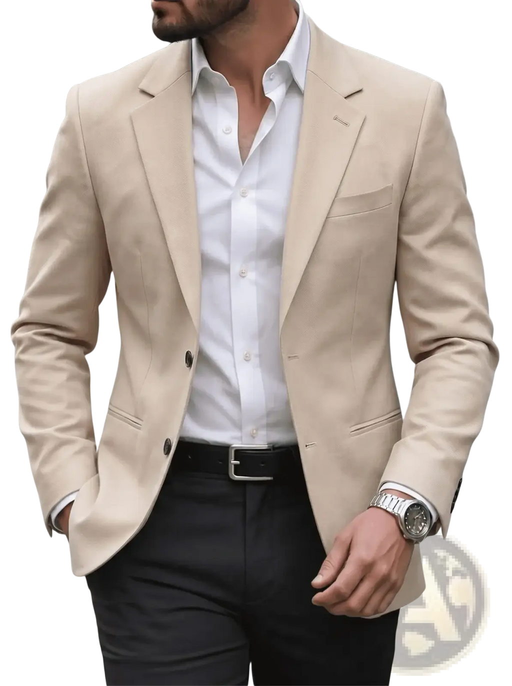 Men slim fit casual blazer jacket in beige with tailored notched lapels and two-button closure for stylish wear