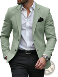 Men slim fit casual blazer jacket in light green tailored fabric with black buttons and matching pocket square