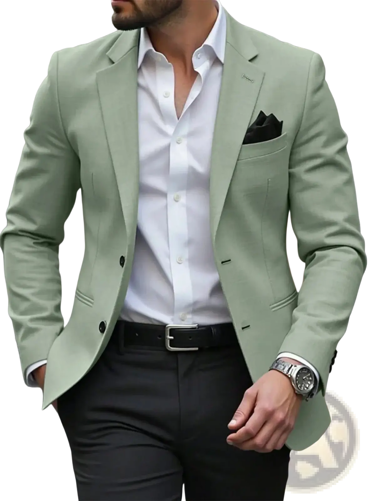 Men slim fit casual blazer jacket in light green tailored fabric with black buttons and matching pocket square