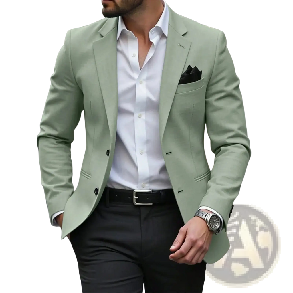 Men slim fit casual blazer jacket in sleek light green with black buttons and matching pocket square for stylish wear