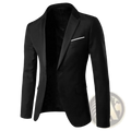 Men slim fit casual black tailored blazer with sleek modern cut and subtle white contrast stitching on pocket