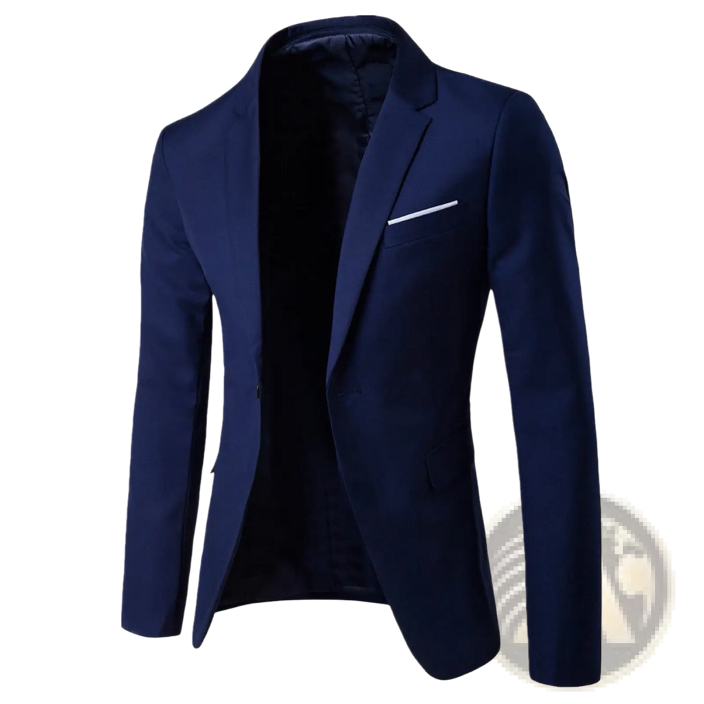 Men slim fit casual blazer navy blue with tailored fit and contrasting white pocket square for formal occasions