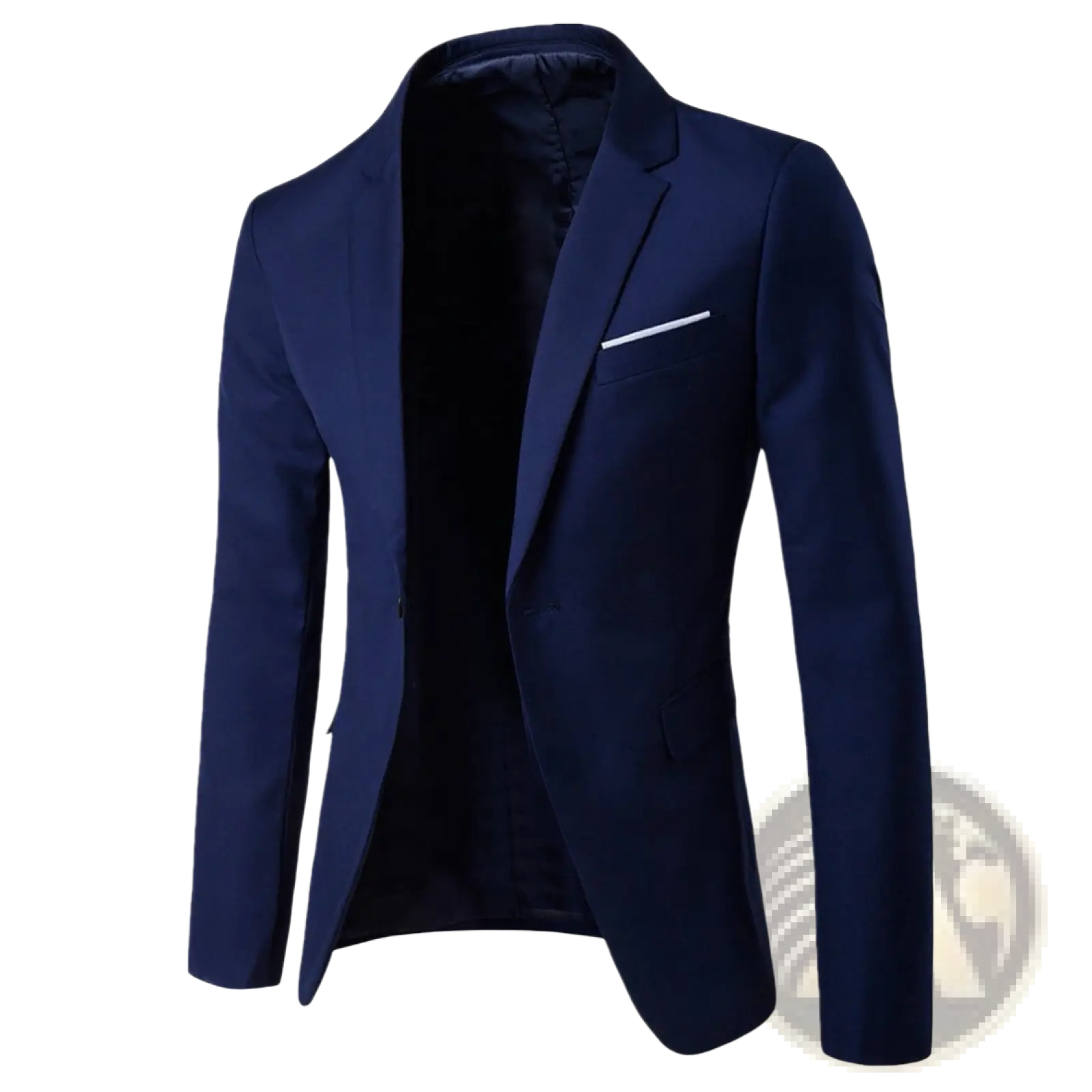 Men slim fit casual blazer navy blue with tailored fit and contrasting white pocket square for formal occasions