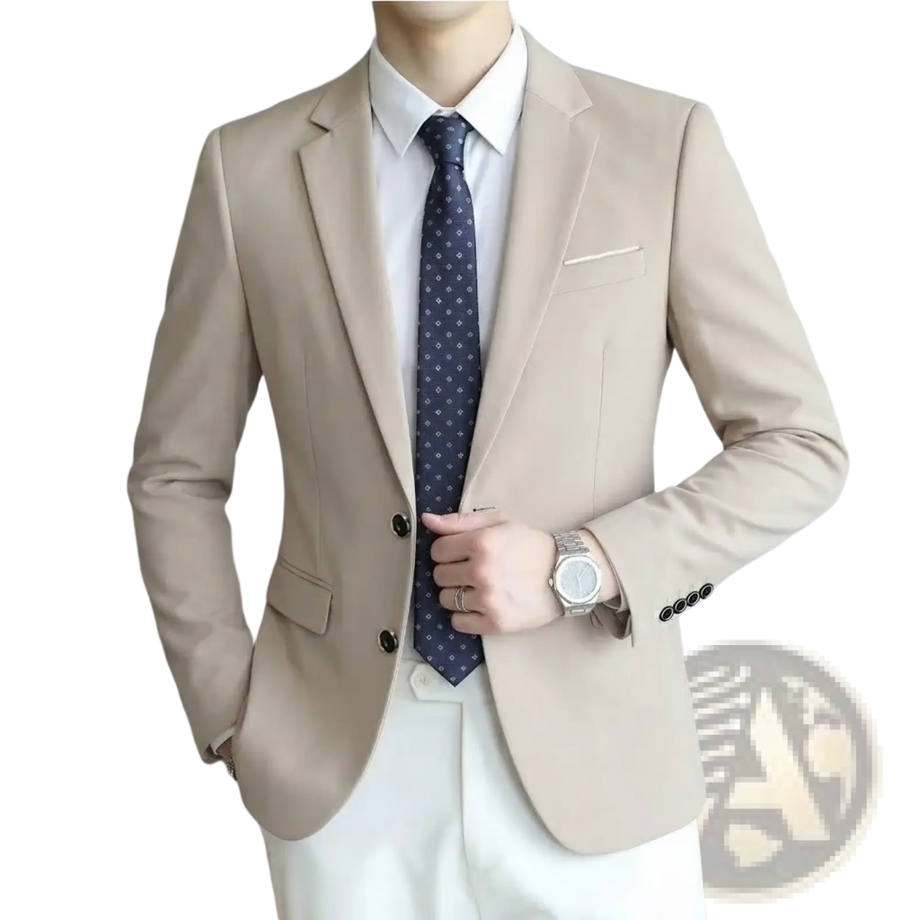 Men slim fit casual blazer suit jacket beige tailored with notched lapels and two-button closure for formal wear