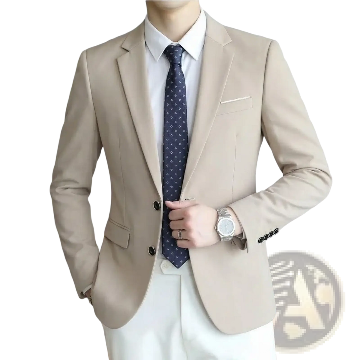 Men slim fit casual blazer suit jacket beige tailored with notched lapels and two-button closure for formal wear