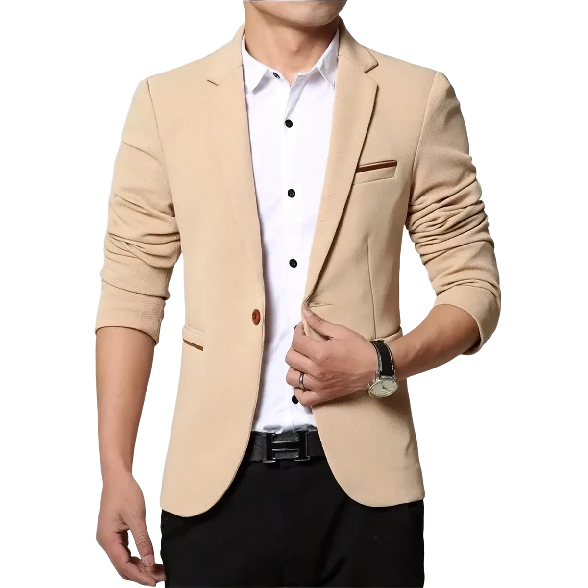 Men slim fit casual blazer suit jacket in beige with subtle texture and brown trim details for stylish wear