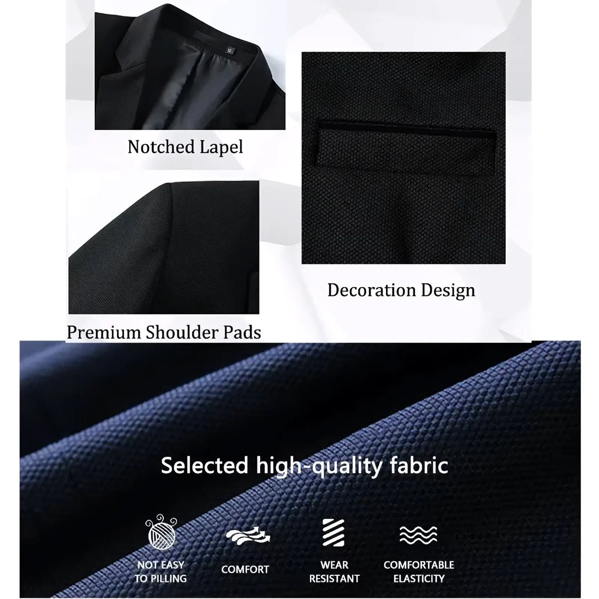 Men slim fit casual black blazer suit jacket with notched lapel shoulder pads and subtle decorative design in premium fabric
