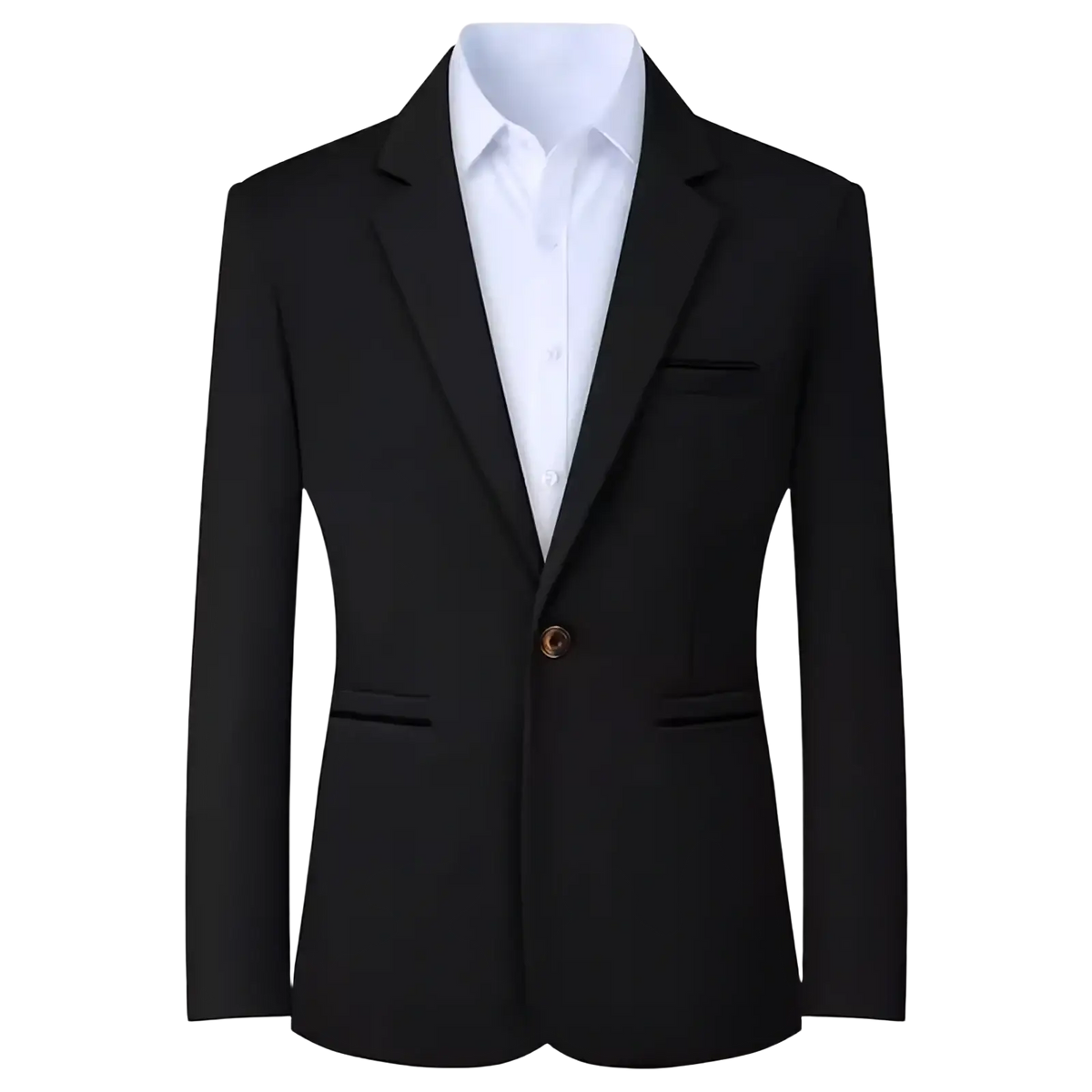 Men slim fit casual black single-breasted blazer with notched lapel brown button and two flap pockets