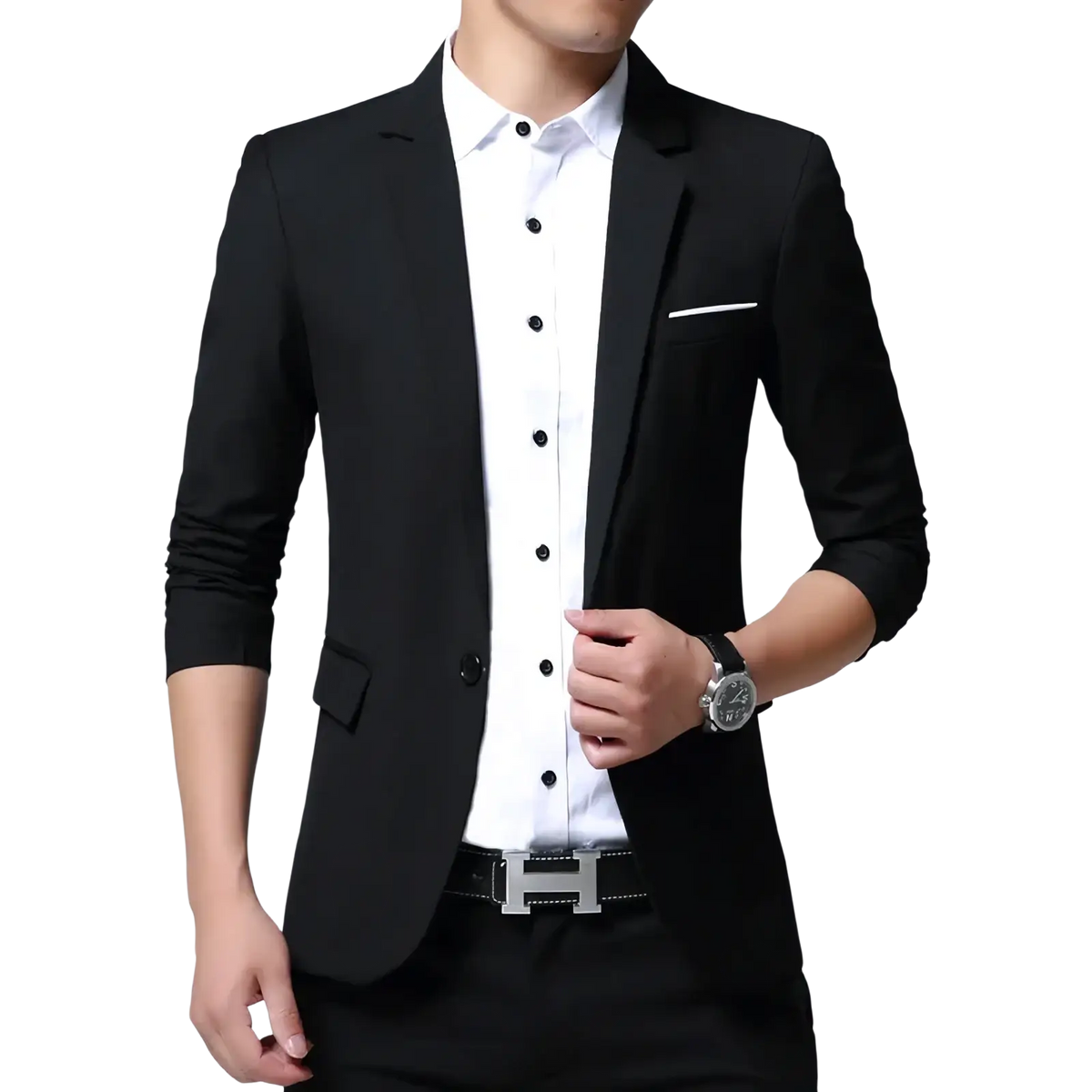 Men slim fit casual black tailored blazer suit jacket with sleek modern cut and subtle white trim on the pocket