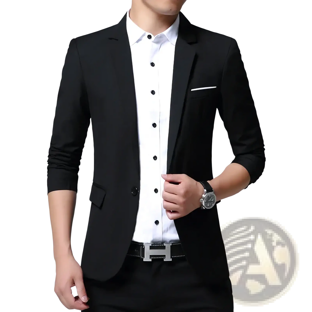 Men slim fit casual black tailored blazer suit jacket with sleek modern cut and subtle white trim on the pocket