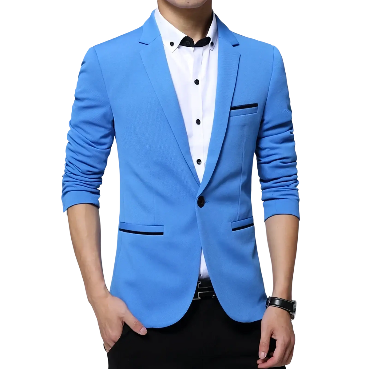 Men slim fit casual blazer suit jacket in bright blue with black trim on pockets and buttons