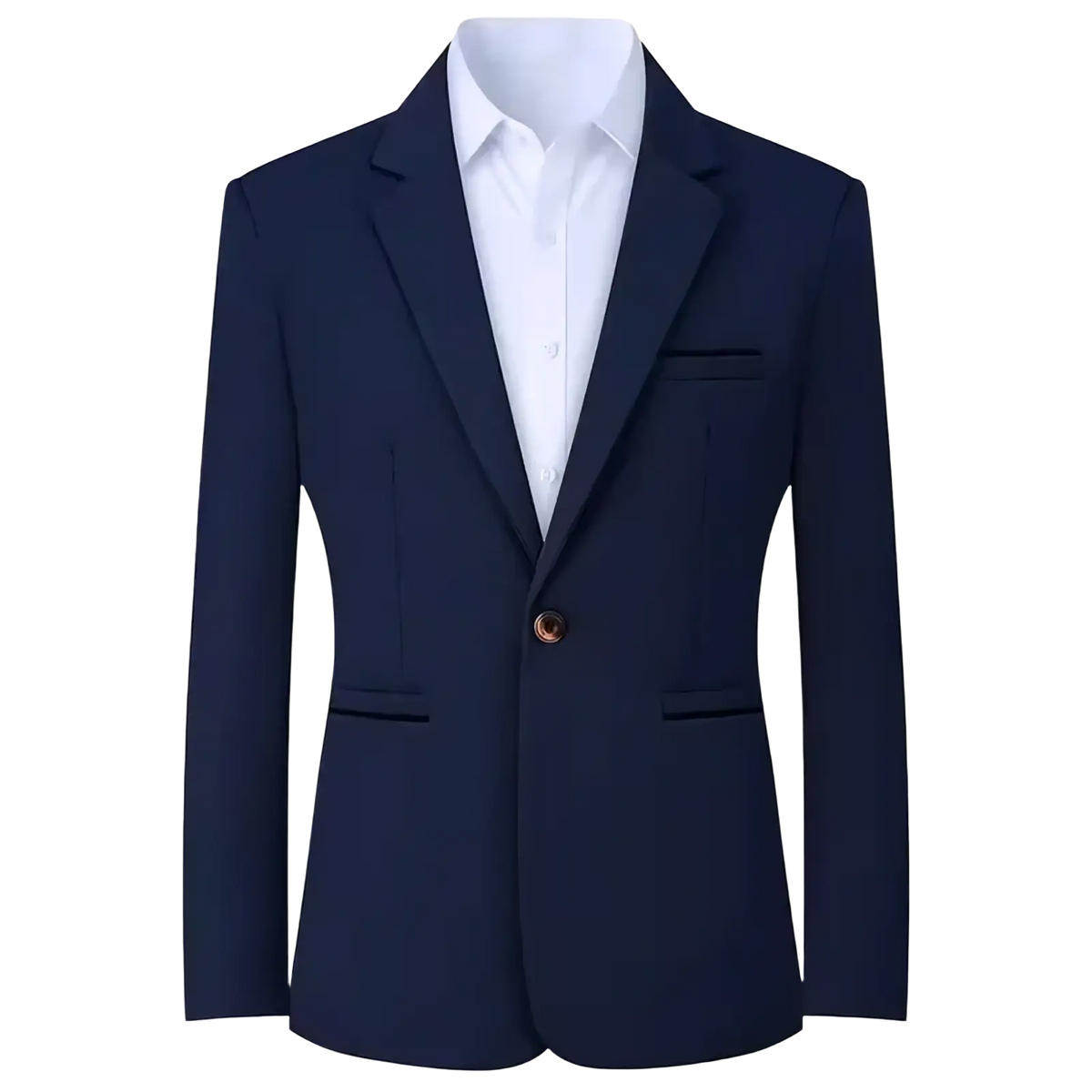 Navy blue men slim fit casual blazer suit jacket with gold toned button and white dress shirt underneath