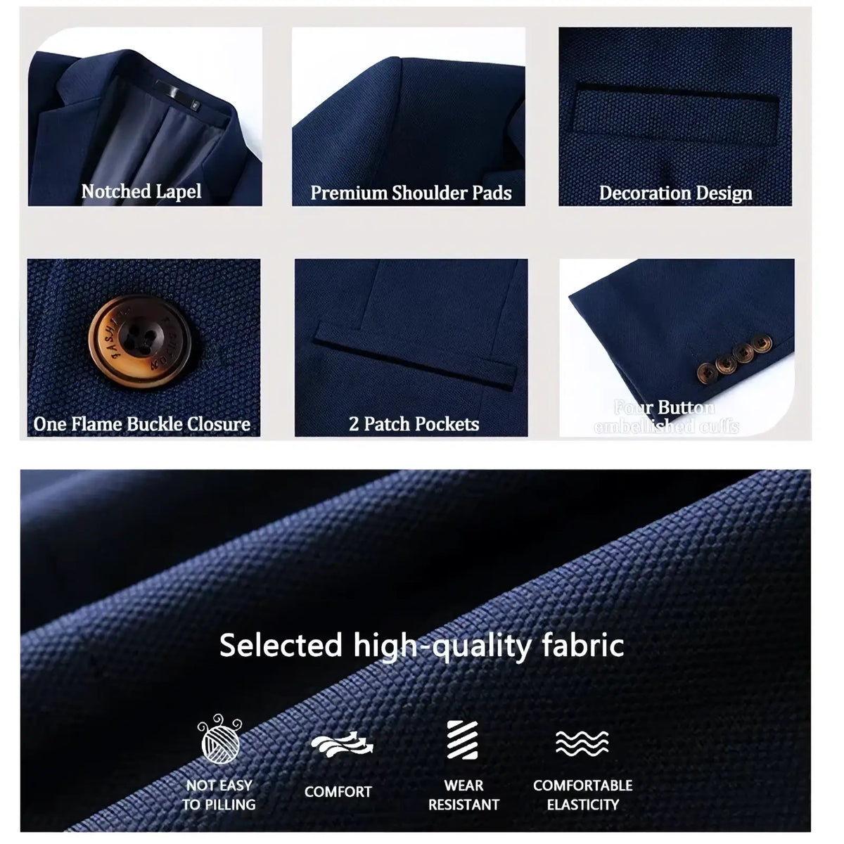 Men slim fit casual blazer suit jacket in navy blue textured wool with notched lapel and brass buttons