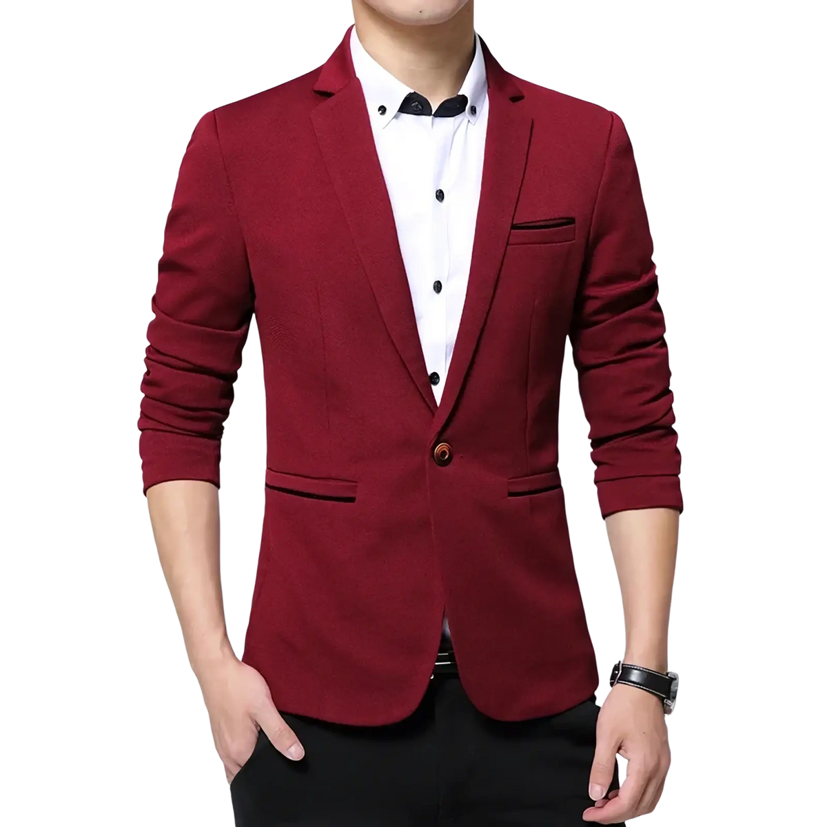 Men slim fit casual blazer suit jacket in sleek maroon with black trim and single button closure