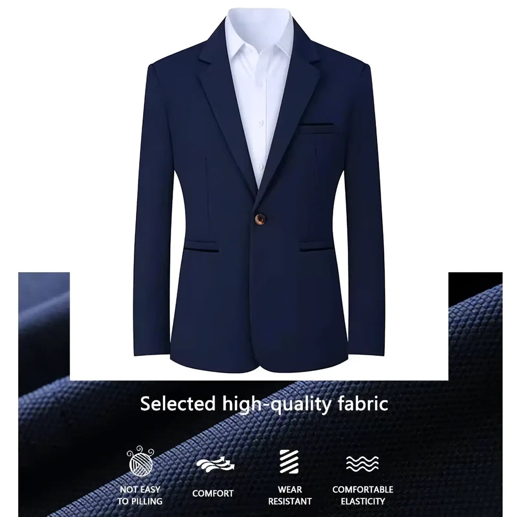 Men slim fit casual blazer suit jacket in sleek navy blue with single button closure and high-quality fabric