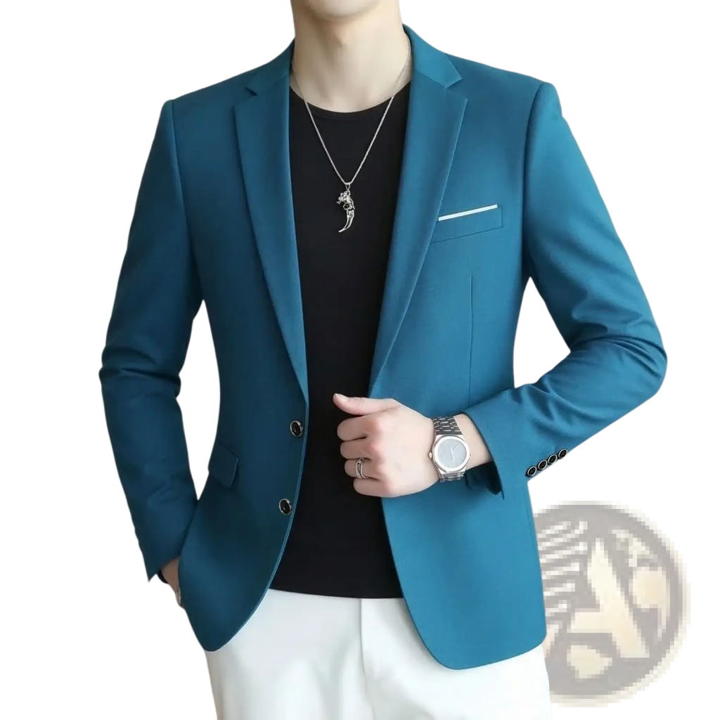 Men slim fit casual blazer suit jacket in teal with notched lapels and single-breasted design