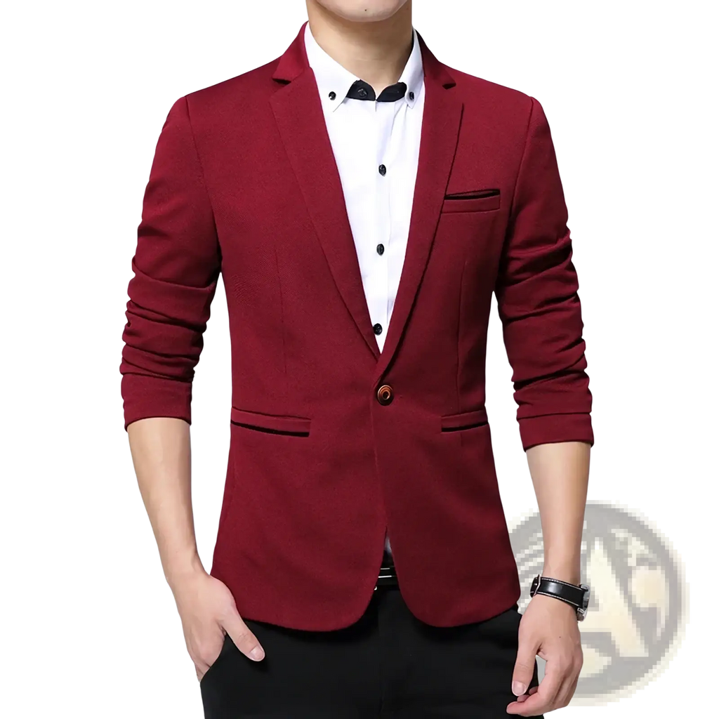 Men slim fit casual blazer suit jacket in sleek maroon with black trim and single button closure