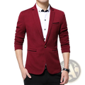 Men slim fit casual blazer suit jacket in sleek maroon with black trim and single button closure