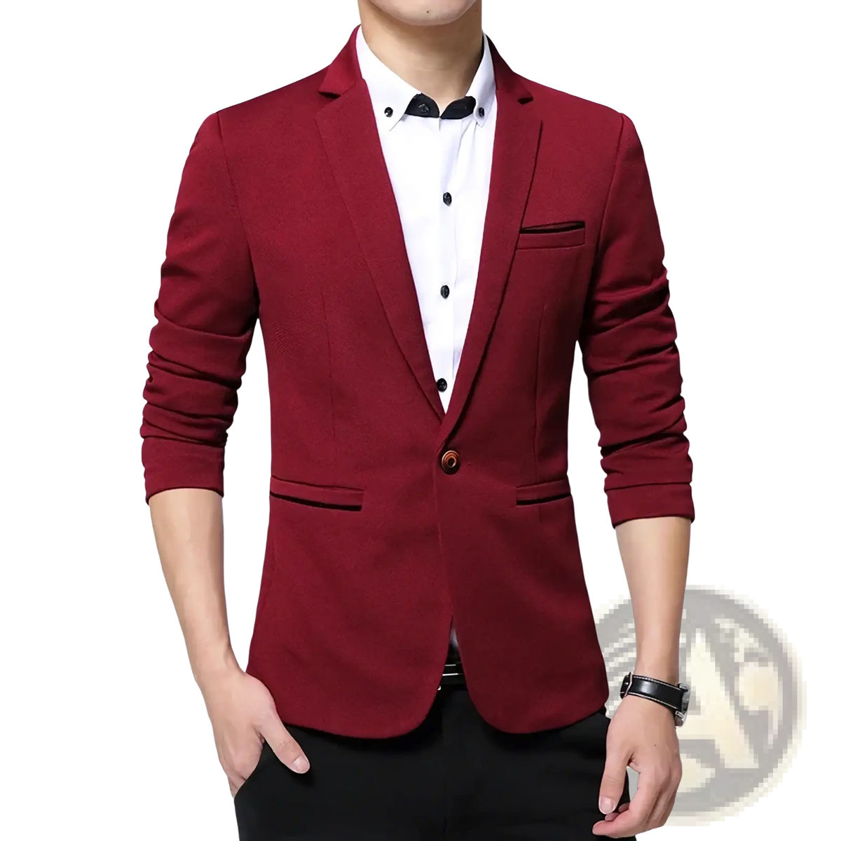 Men slim fit casual blazer suit jacket in sleek maroon with black trim and single button closure