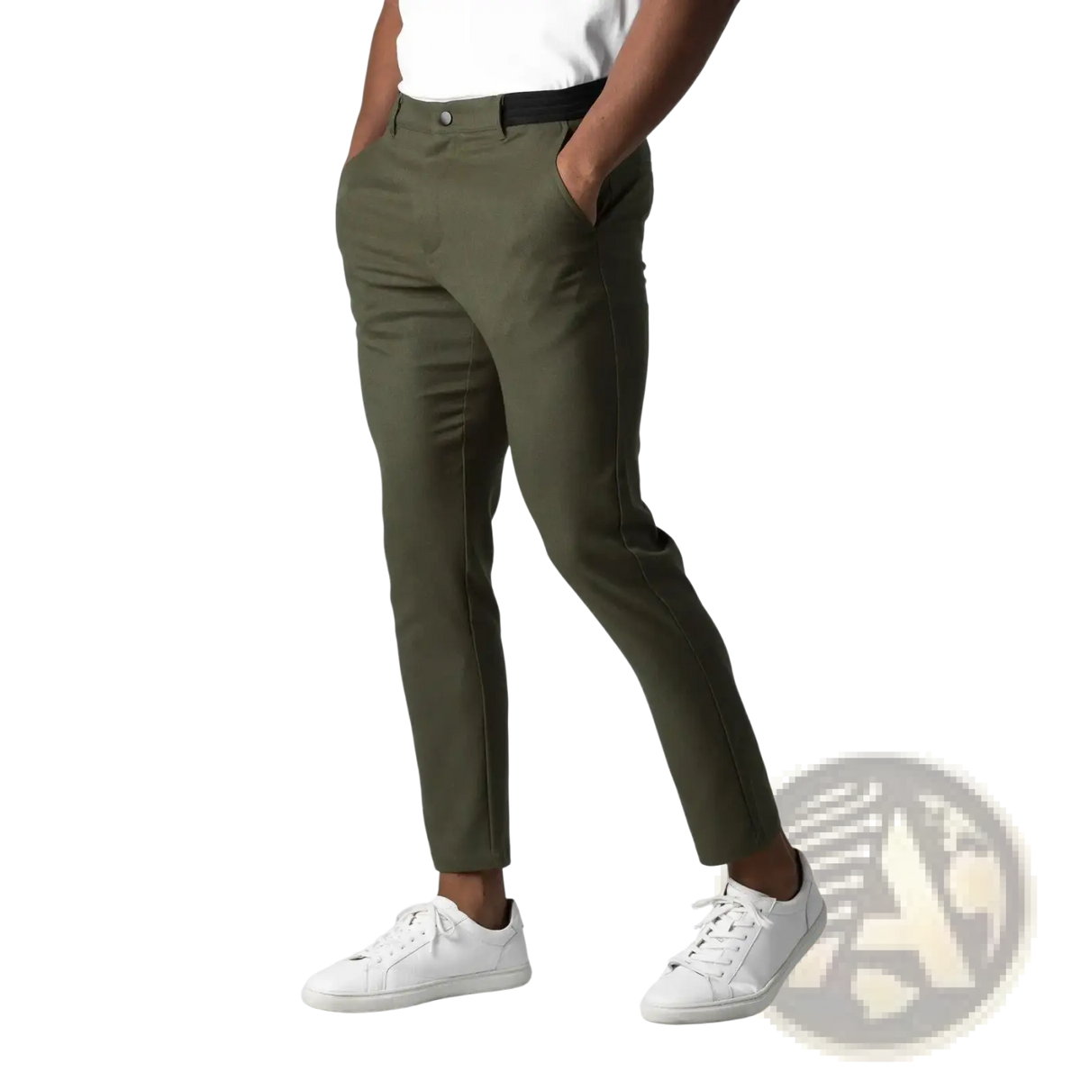 Men slim fit casual olive green chino trousers paired with black belt and white sneakers for a stylish look