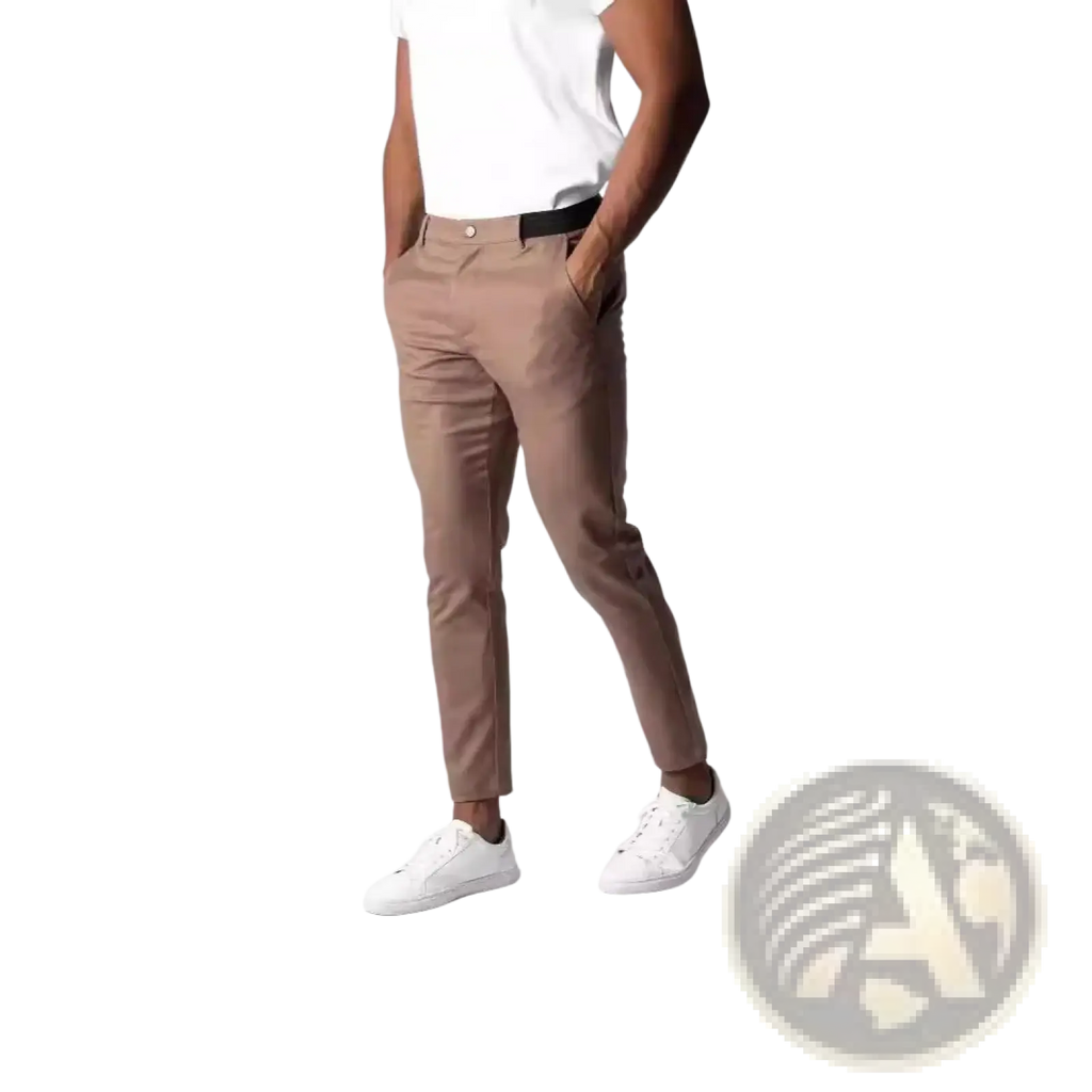 Men slim fit casual beige chino trousers made of cotton with black belt for a stylish versatile look