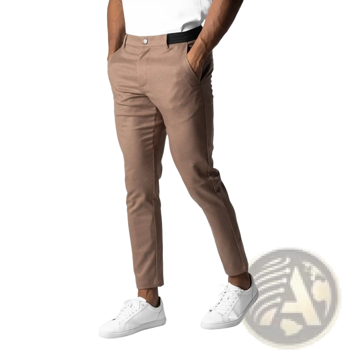 Men slim fit casual chino trousers in tan with a slim fit and black belt suitable for casual wear