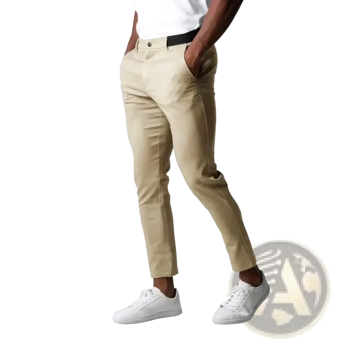 Men slim fit casual chino trousers in khaki with a slim fit and black belt for a polished casual look