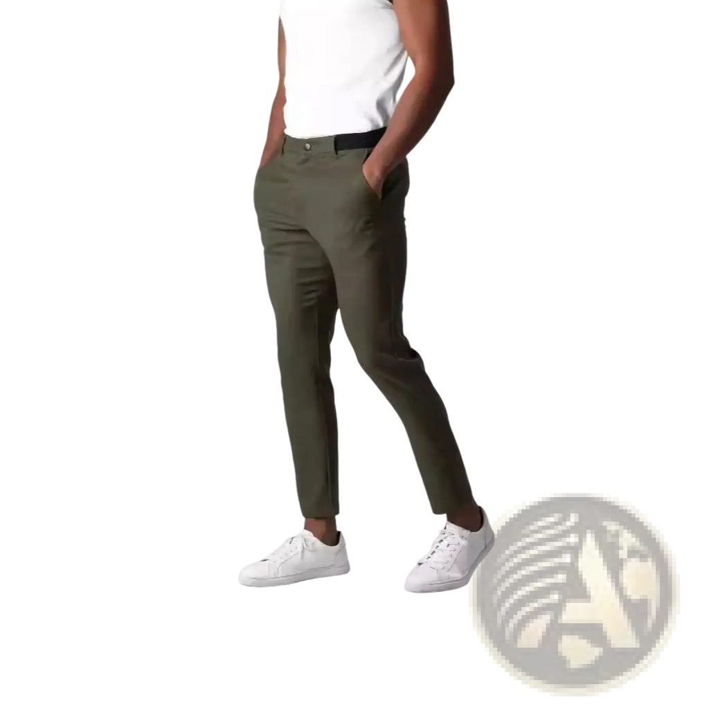 Men slim fit casual chino trousers in olive green paired with a black belt and white sneakers for a stylish look