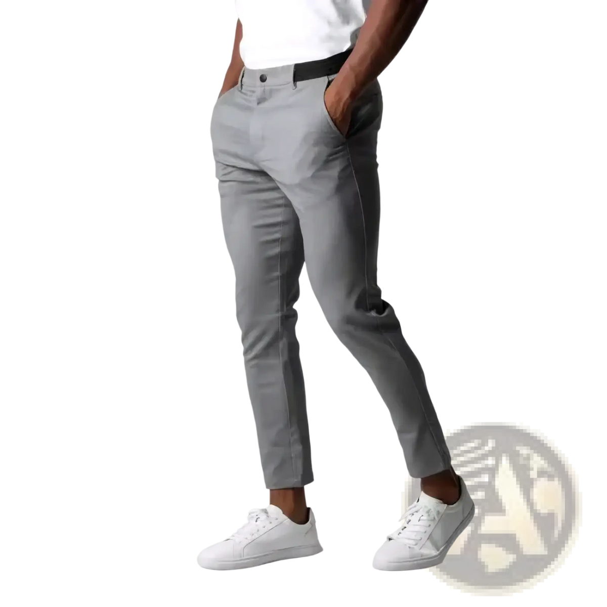 Men slim fit casual gray chino trousers with a slim fit design paired with a black belt