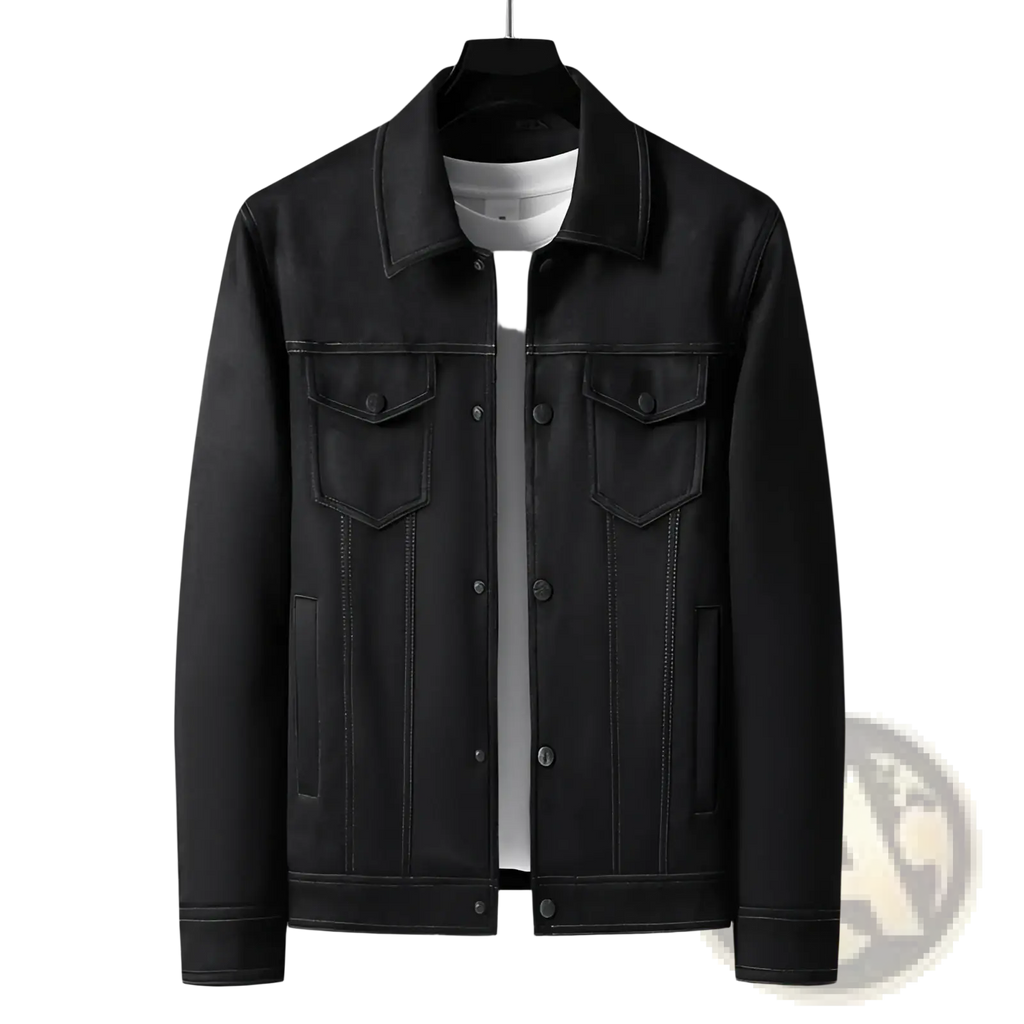 Men slim fit casual suede coat in black denim with classic button-front design and two chest pockets
