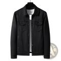Men slim fit casual suede coat in black denim with classic button-front design and two chest pockets