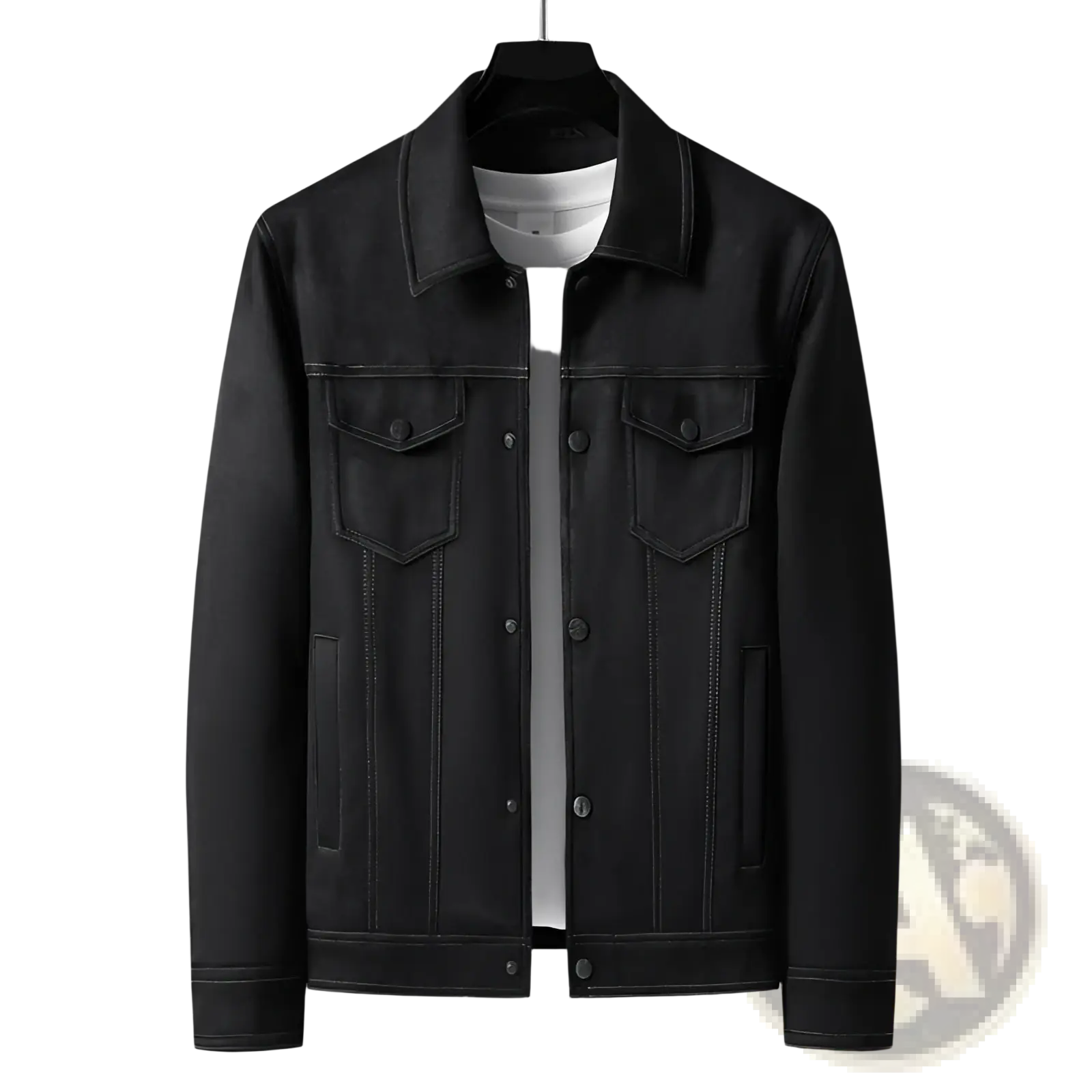 Men slim fit casual suede coat in black denim with classic button-front design and two chest pockets