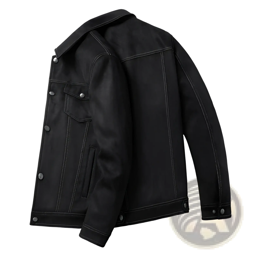 Men slim fit casual suede coat in black leather with silver toned buttons and contrasting stitching visible on front side