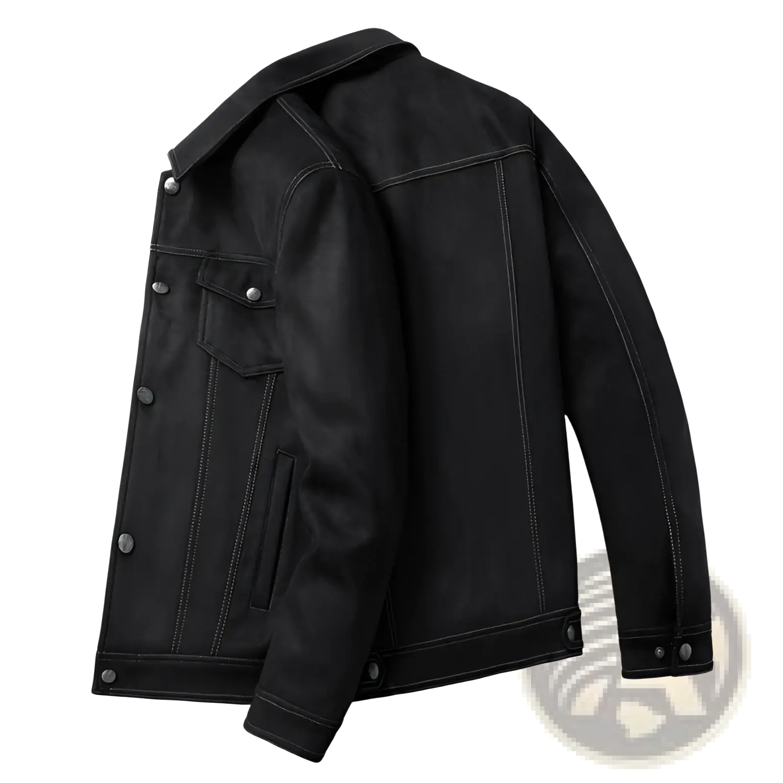 Men slim fit casual suede coat in black leather with silver toned buttons and contrasting stitching visible on front side