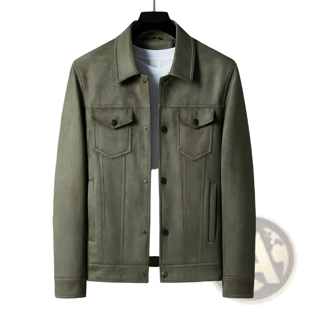 Men slim fit casual suede coat in olive green with classic denim style pockets and dark buttons