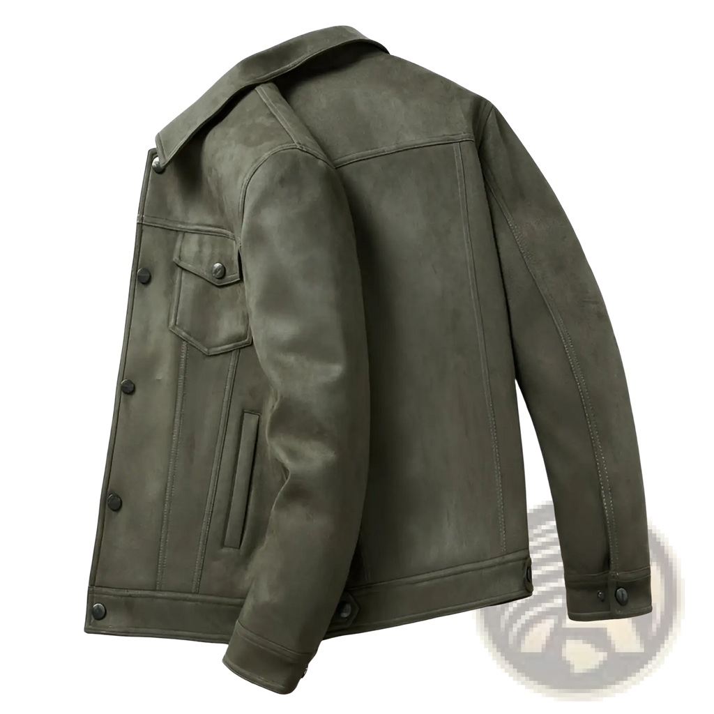 Men slim fit casual suede coat in olive green with classic denim-style stitching and button closures