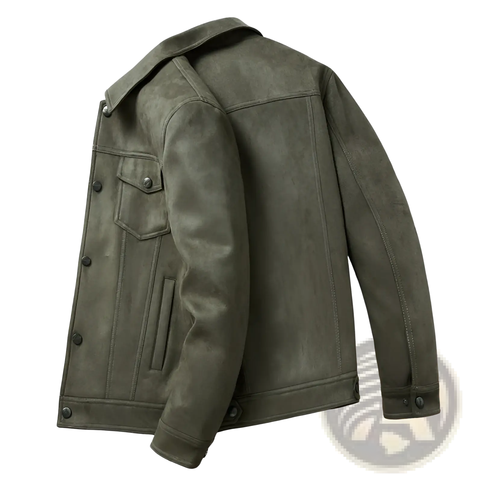 Men slim fit casual suede coat in olive green with classic denim-style stitching and button closures