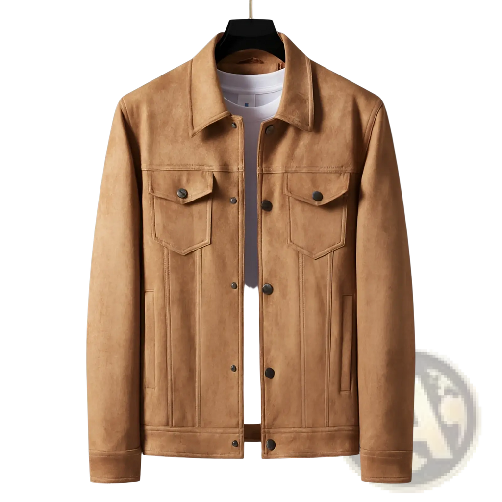 Men slim fit casual suede coat in tan with classic denim-style design and dark buttons made of suede material