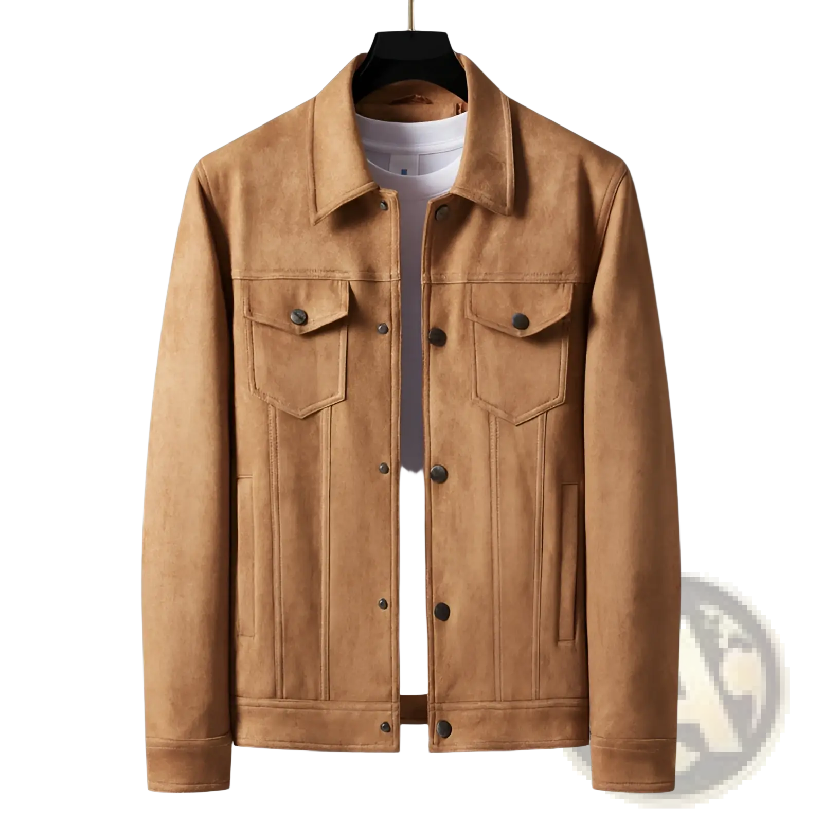 Men slim fit casual suede coat in tan with classic denim-style design and dark buttons made of suede material