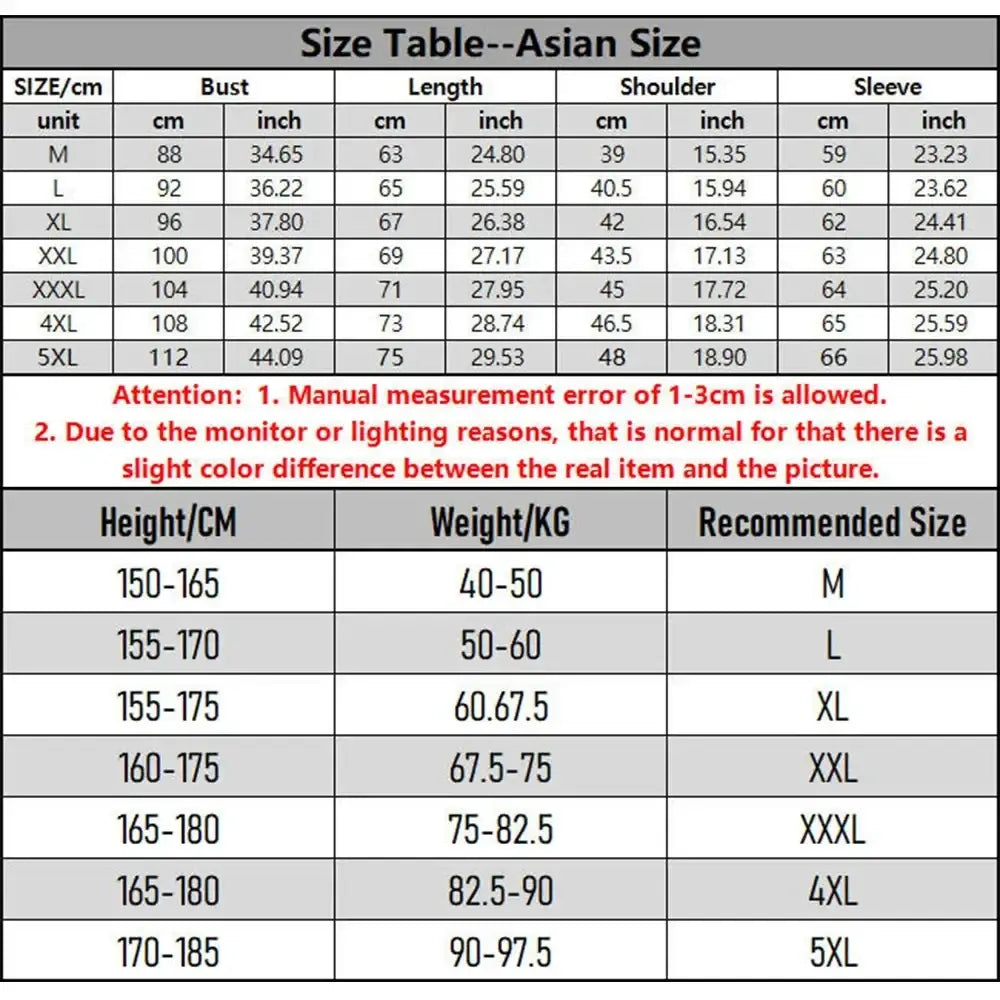 Asian size clothing chart showing bust length shoulder and sleeve measurements in cm and inch for men slim fit casual suit jacket sizes m to 5xl