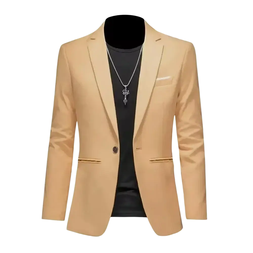 Men slim fit casual suit jacket in beige with sleek tailored fit and subtle gold trim along the pockets