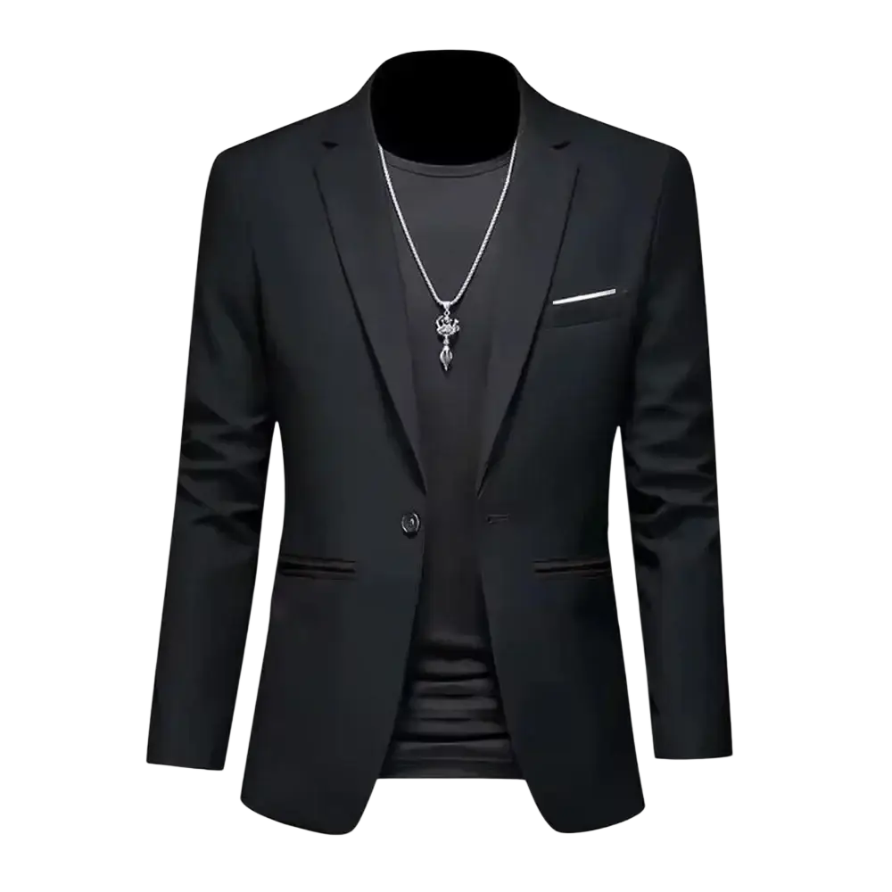 Men slim fit casual suit jacket black tailored blazer with sleek modern design and subtle sheen for formal wear