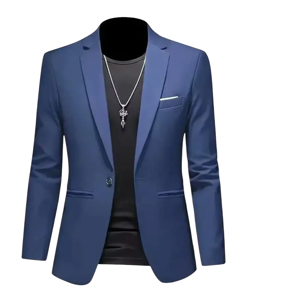 Men slim fit casual suit jacket in blue with a sleek tailored fit and subtle textured fabric