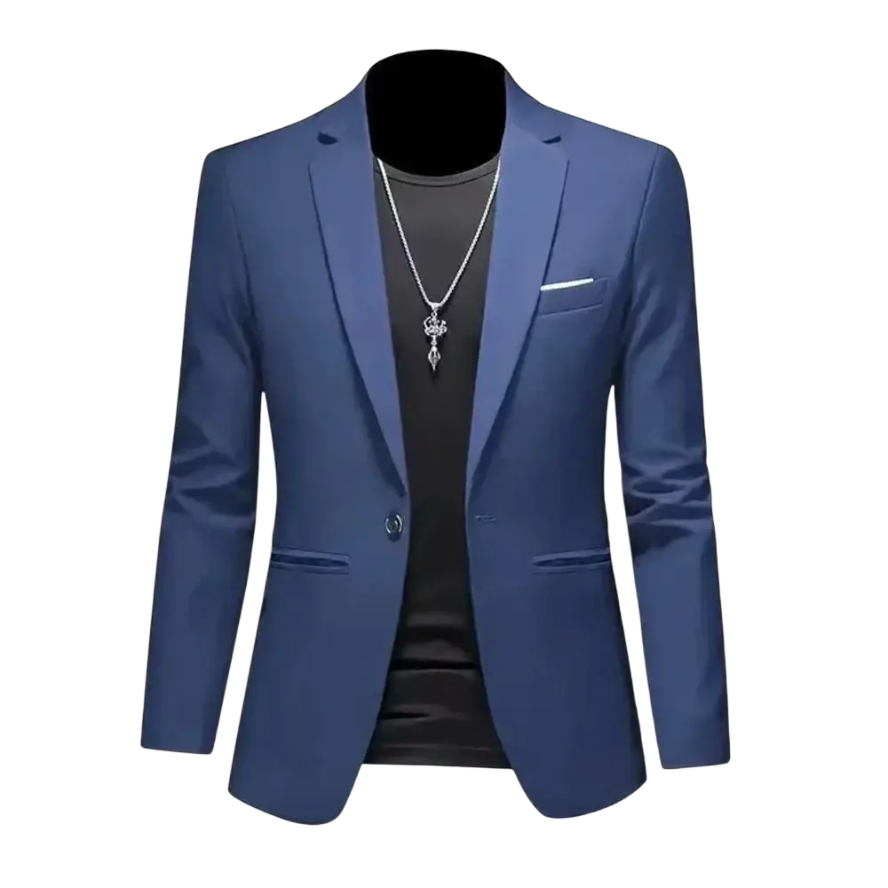 Men slim fit casual suit jacket in sleek navy blue with modern tailored fit notched lapels and two flap pockets