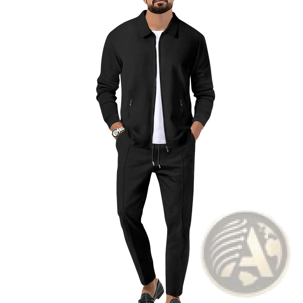 Men slim fit black checkered zip-up jacket with matching pants made from comfortable fabric for casual wear