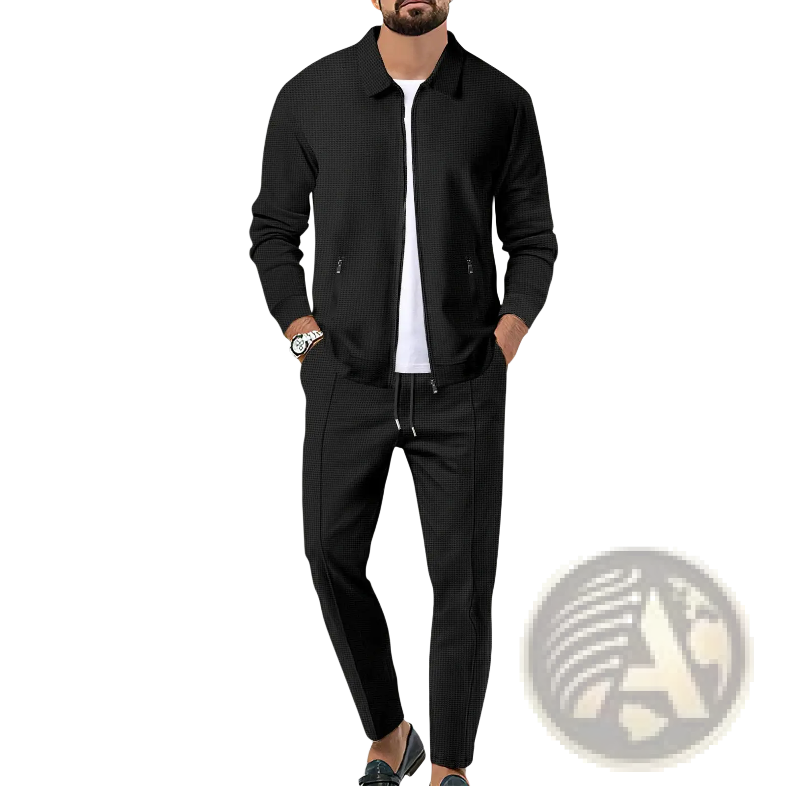 Men slim fit black checkered zip-up jacket with matching pants made from comfortable fabric for casual wear